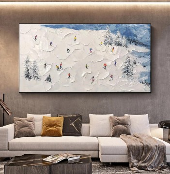 Skieur sur Montagne enneigée art mural Sport Noir Décor de salle de ski de neige par Couteau 09 Peinture à l'huile